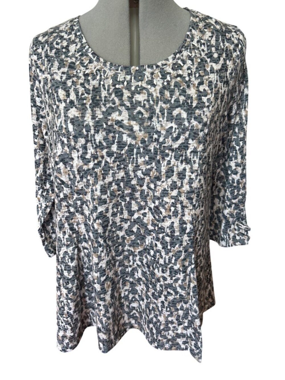 Erika Womens Small Animal Print 3/4 Sleeve Top With Stud Embellished Neckline